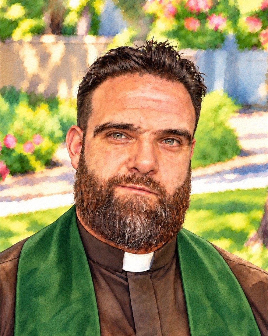 Watercolor portrait of Casey Das in a clerical collar and green stole, in a sunlit garden