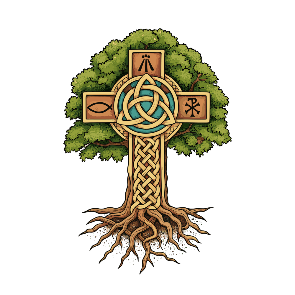 Celtic cross rising from a tree of life, bearing the Awen, the Ichthys fish, the Chi-Rho, and a Triquetra knot